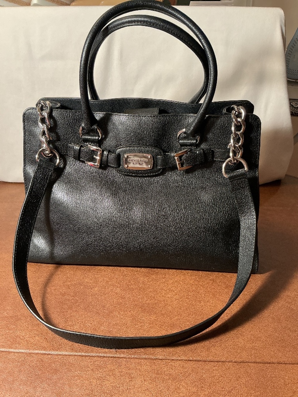 Michael Kors Black Satchel Shoulder Bag Silver Hardware Buckle Tote